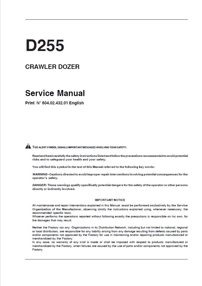 Fiat Kobelco D255 Crawler Dozer Service Manual 6040243 - MYServiceManuals