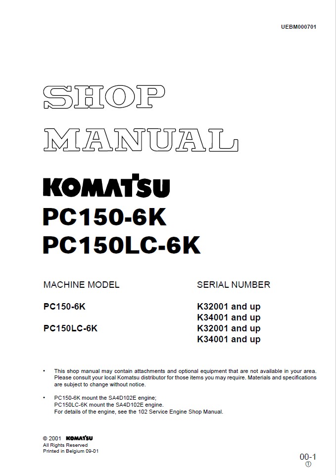 Komatsu PC150-6K, PC150LC-6K K32001 and up, K34001 and - MYServiceManuals