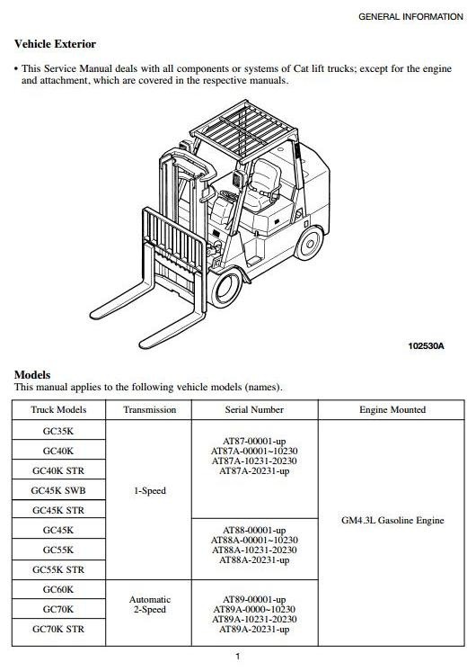 Caterpillar Forklift Truck GC35K, GC40K, GC45K, GC50K, GC55K, GC60K, GC70K Workshop Manual