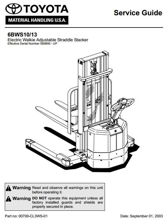 Toyota Electric Walkie Adjustable Straddle Stacker 6BWS10, 6BWS13; SN: 585890 - up Service Manual