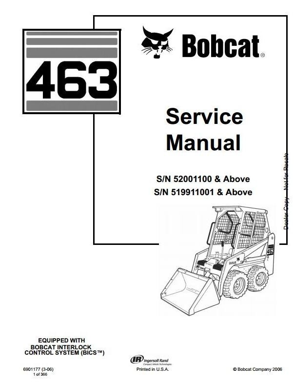 Bobcat Skid Steer Loader Type 463 (S70): S/N 519911001 & Above Workshop Service Manual