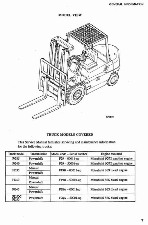 Mitsubishi Diesel Forklift Truck FD35, FD40, FD45, FD50, FD50C Workshop Service Manual
