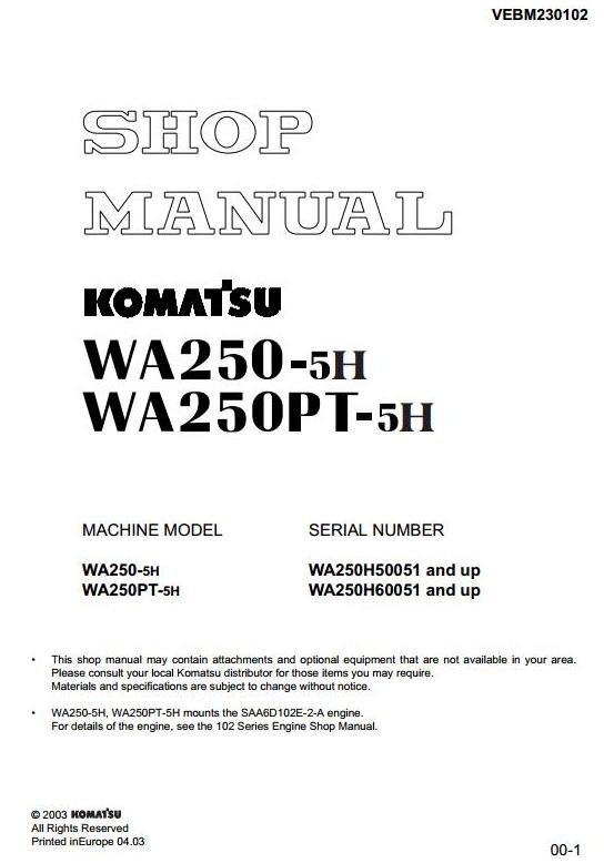 Komatsu Wheel Loader WA250-5H, WA250PT-5H Workshop Service Manual