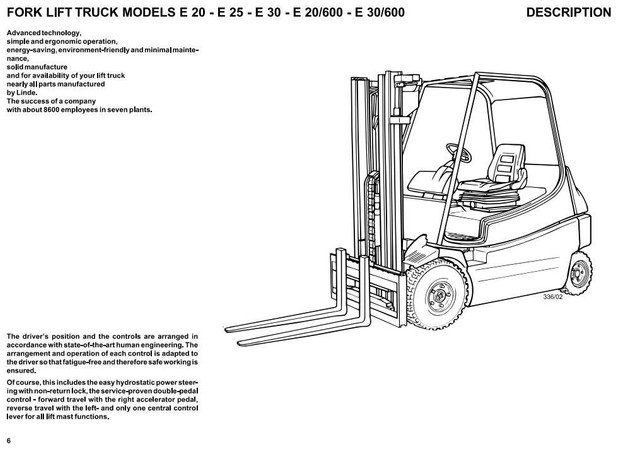Linde Electric Forklift Truck 336 Series: E20, E25, E30, E20/600, E30/600 Operating User Manual