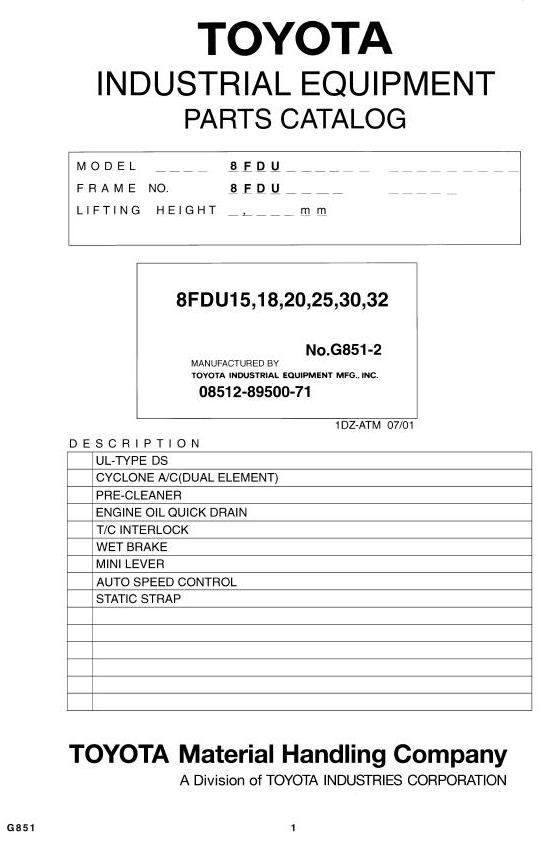 Toyota Diesel Forklift Truck: 8FDU15, 8FDU18, 8FDU20, 8FDU25, 8FDU30, 8FDU32 Parts Manual