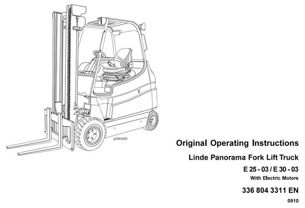 Linde Electric Forklift Truck 336-03 Panorama Series: E25, E30 Operating, Maintenance Instructions