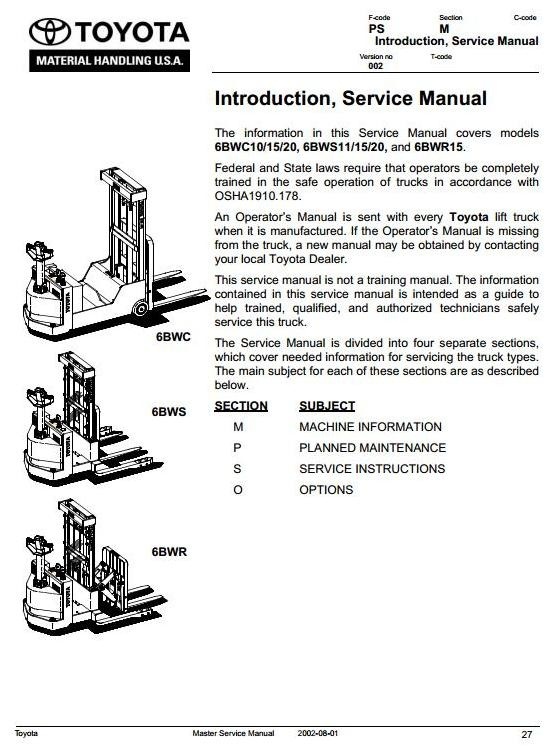 Toyota Electric Truck 6BWC10, 6BWC15, 6BWC20, 6BWS11, 6BWS15, 6BWS20, 6BWR15 Service Manual