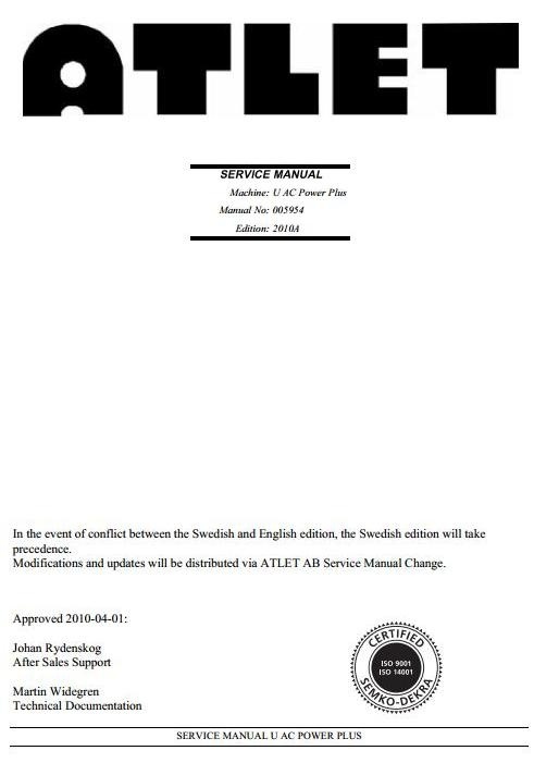 Atlet Electric Reach Truck UFS, UHS, UNS, UNN, URF, USS Series Service (Workshop) Parts Manual
