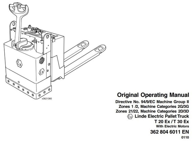 Linde Pallet Stacker Type 362: T20 Ex, T30 Ex Operating Instructions (User Manual)