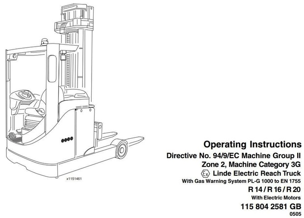 Linde Electric Reach Truck Type 115 Explosion Protected: R14, R16, R20 Operating Instructions