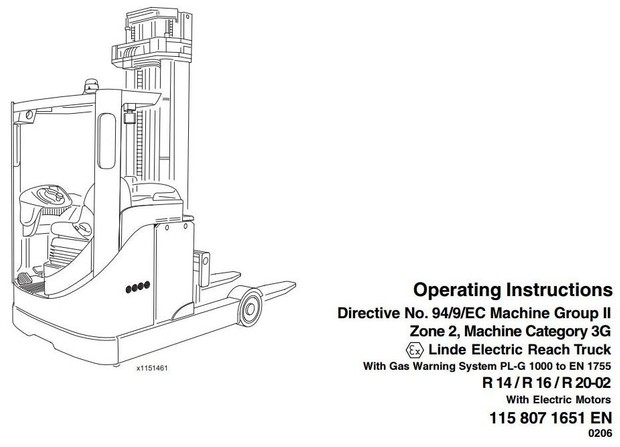 Linde Electric Reach Truck Type 115-02 Ex with PL-G1000: R14, R16, R20 Operating Instructions