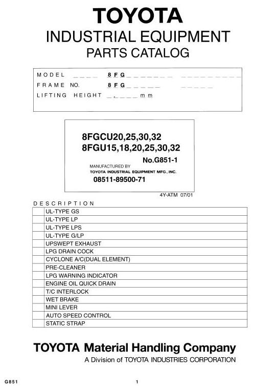 Toyota 8FGU15/18/20, 8FGU25, 8FGU30, 8FGU32, 8FGCU20, 8FGCU25, 8FGCU30, 8FGCU32 Parts Manual