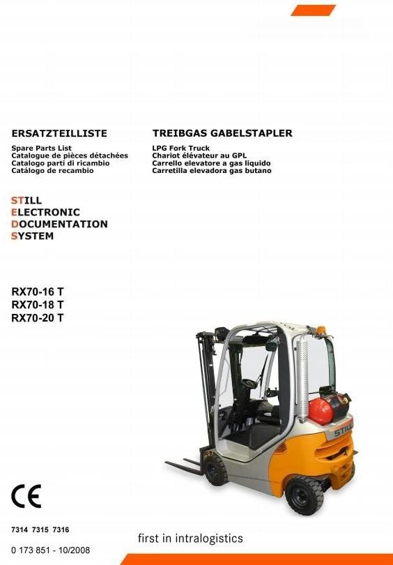 Still LPG Forklift Truck RX70-16, RX70-18, RX70-20: 7314, 7315, 7316 Parts Manual