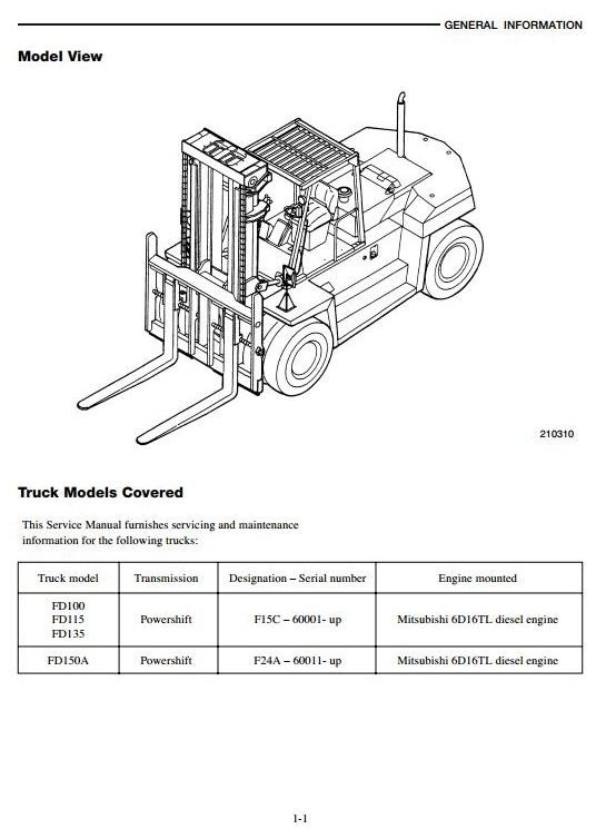 Mitsubishi Diesel Forklift Truck FD100, FD115, FD135, FD150A Workshop Service Manual