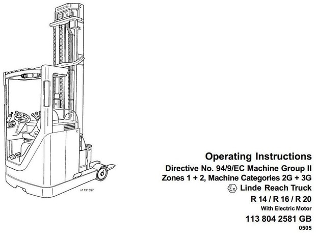Linde Electric Reach Truck Type 113 Explosion Protected: R14 Ex,R16 Ex,R20 Ex Operating Instructions