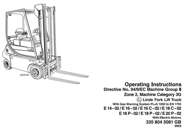 Linde Explosion Proof Lift Truck 335-02 Series E14,E16,E16C,E18C,E16P, E18P,E20P Operating Manual