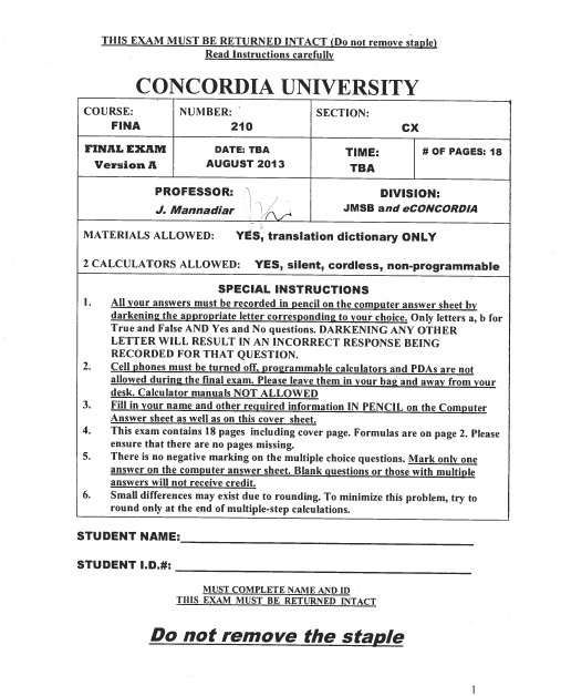FINA 210 MIDTERM, FINALS, & LECTURE NOTES (7 EXAMS)