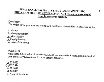 FINA 210 MIDTERM, FINALS, & LECTURE NOTES (7 EXAMS)