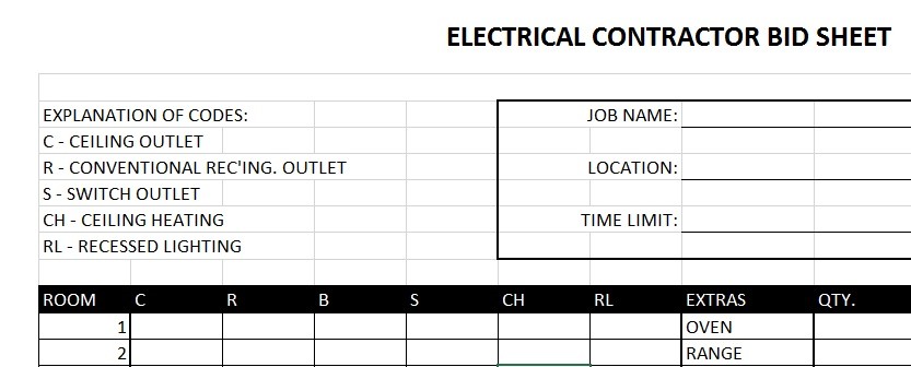 Electrical Contractor Bid Sheet