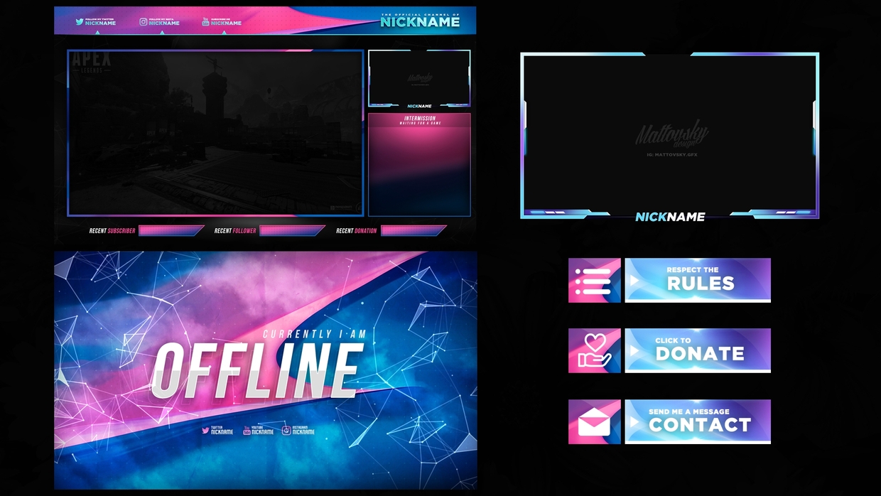 BLUE & PINK FULL TWITCH STREAM OVERLAY 2019 - Mattovsky - Graphic designer