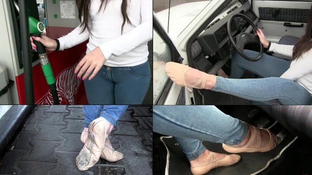 139 Miss Iris punishes the old Fiat Panda with a cruel and sexy revving in flat ballet shoes
