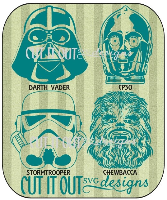 Characters from Starwars- Chewbacca, Darth Vader, CP3O and Storm Trooper SVG Cutting File