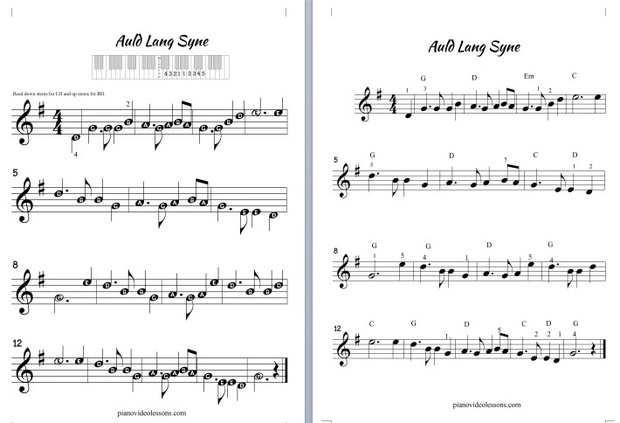 Auld Lang Syne -piano sheets - Easy Beginner and CHORD lead sheets included
