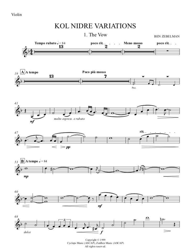 Kol Nidre Variations Sheet Music Violin Part Only Kol Nidre Variations Sheet Music