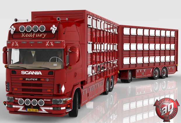 3D Scania 164L + Trailer Tandem Animal Transport