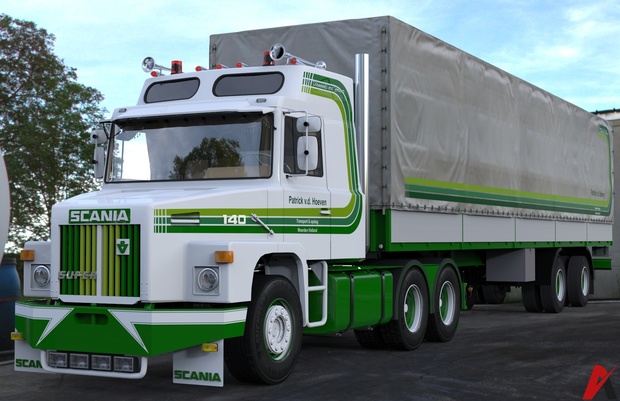 3D Scania 140 L 6×2 Patrick v.d. Hoeven & 2 Axled Curtain Trailer