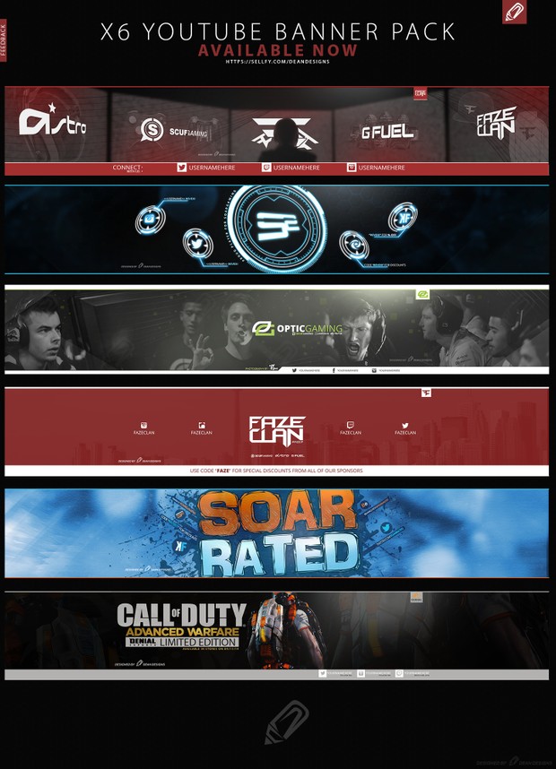YouTube Banner Pack (x6 Customisable Banners)