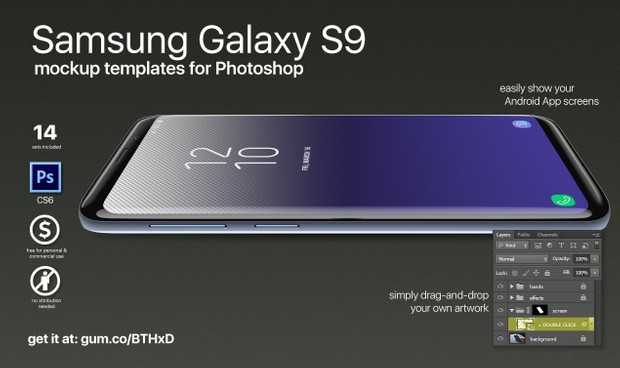 Samsung Galaxy S9 screen mockups for Photoshop