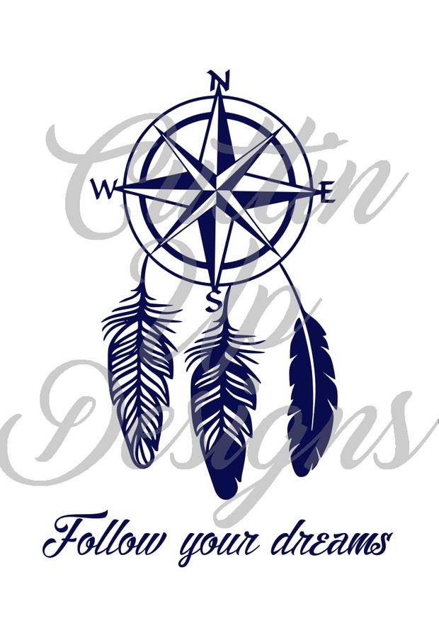 Follow Your Dreams Compass with feathers Dreamcatcher SVG Cut File for Cricut or Cameo
