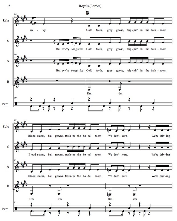 Royals (Lorde) original arrangement SAB plus solo and percussion