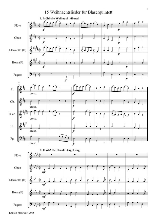 15 Weihnachtslieder für Bläserquintett