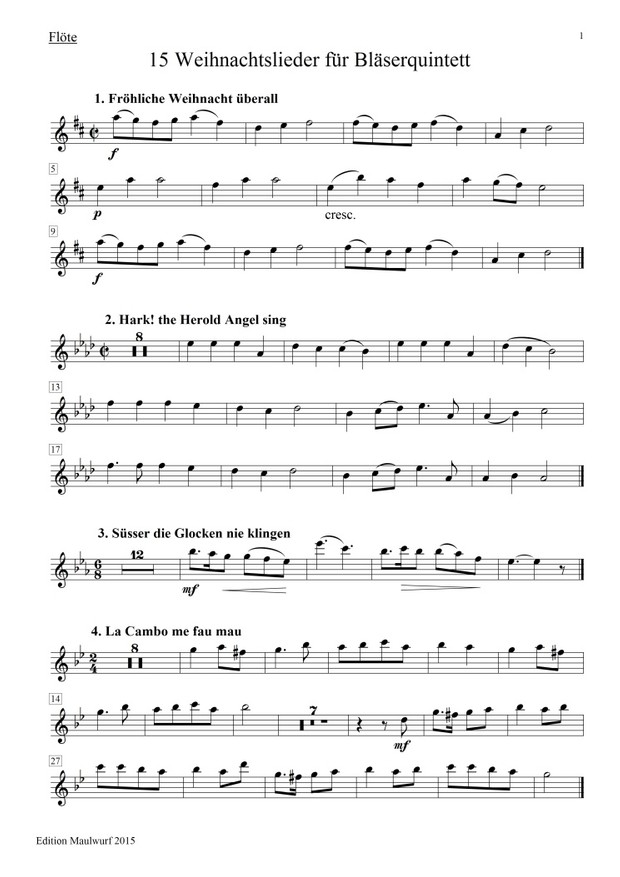 15 Weihnachtslieder für Bläserquintett