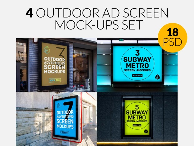 4 Outdoor Ad Screen Mock-Ups Set Bundle