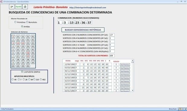 Aplicacion Eurobonlotto + Tablas en Excel, Lotería Primitiva, Bonoloto y Euromillones