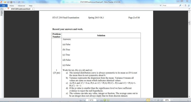 STAT 230 OL1 SectionsFinal Exam Spring 2015