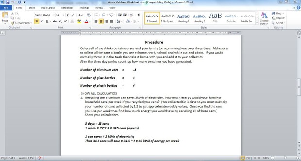 Waste Watchers Worksheet