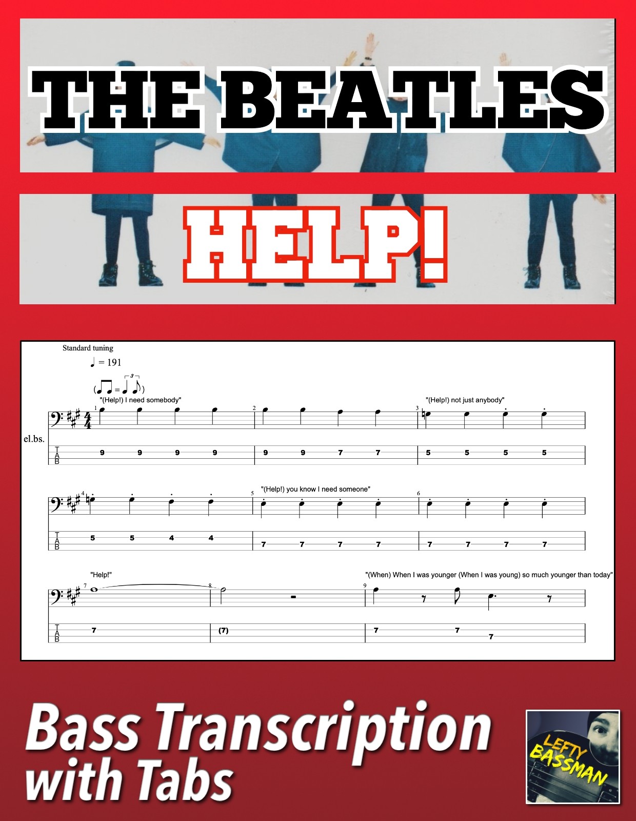 The Beatles Help! /// Bass transcription with tabs a Lefty Bassman