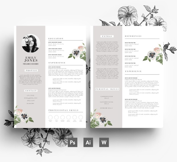 Instant Digital Download, 2 page CV Template + 1 page Cover Letter, Word + PSD, Professional Resume