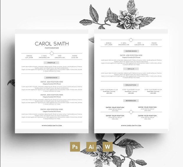 2 page CV Template + Cover letter/ 3 PSD Files