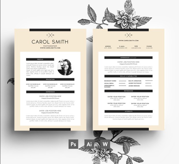 3 page CV/ 2 page CV + Cover letter/ 3 PSD files