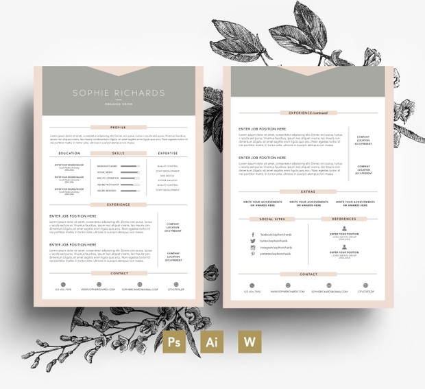 Proffesional 2 page Resume Template + 1 pgae Cover letter/ Easy Editable PSD template