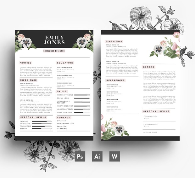 Resume Template / CV Template + Cover Letter ( 3 page pack )/ Fonts included