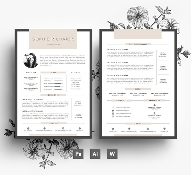Custom Resume Template/ 2 page CV + Cover Letter/ PSD File