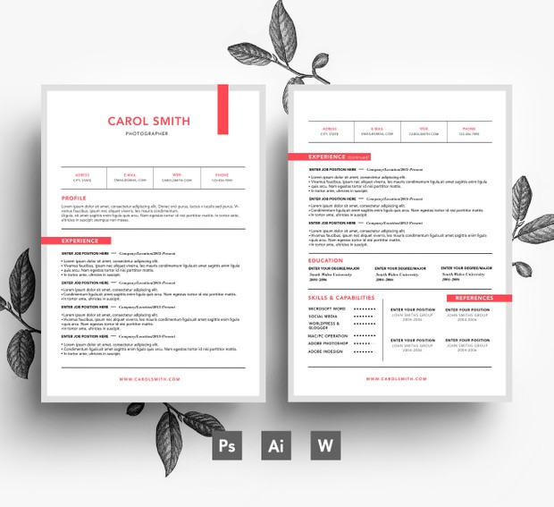 Instant Digital Download PSD Resume Template/ 2 page CV + Cover letter