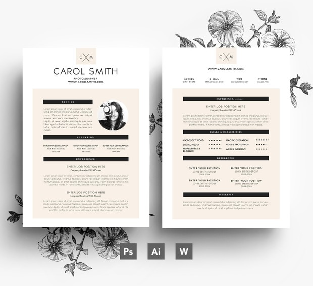 Resume/ Custome 2 page template + Cover letter/ editable PSD template