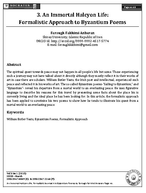 An Immortal Halcyon Life: Formalistic Approach to Byzantium Poems